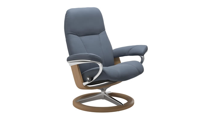 Stressless Consul Signature Recliner in Paloma Sparrow Blue Leather